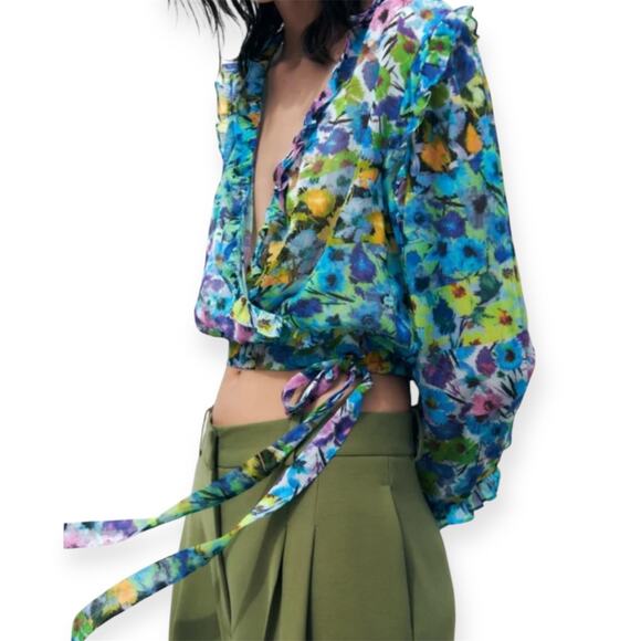Zara Floral Ruffle Wrap Blouse Long Sleeve Sheer Tie Front Crop Top Boho Sz L - Picture 3 of 9